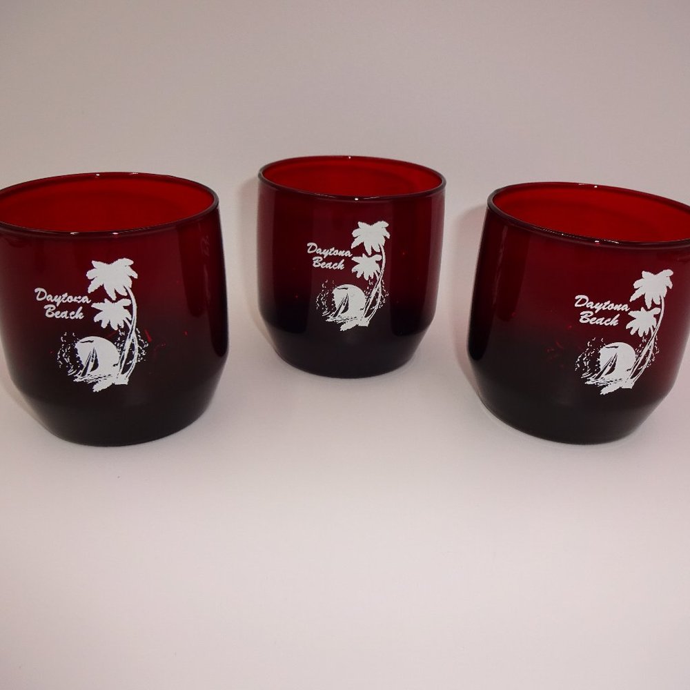 3 Vintage Ruby Red Daytona Beach Tourist Lowball Glasses Rocks Old Fashioned 3"